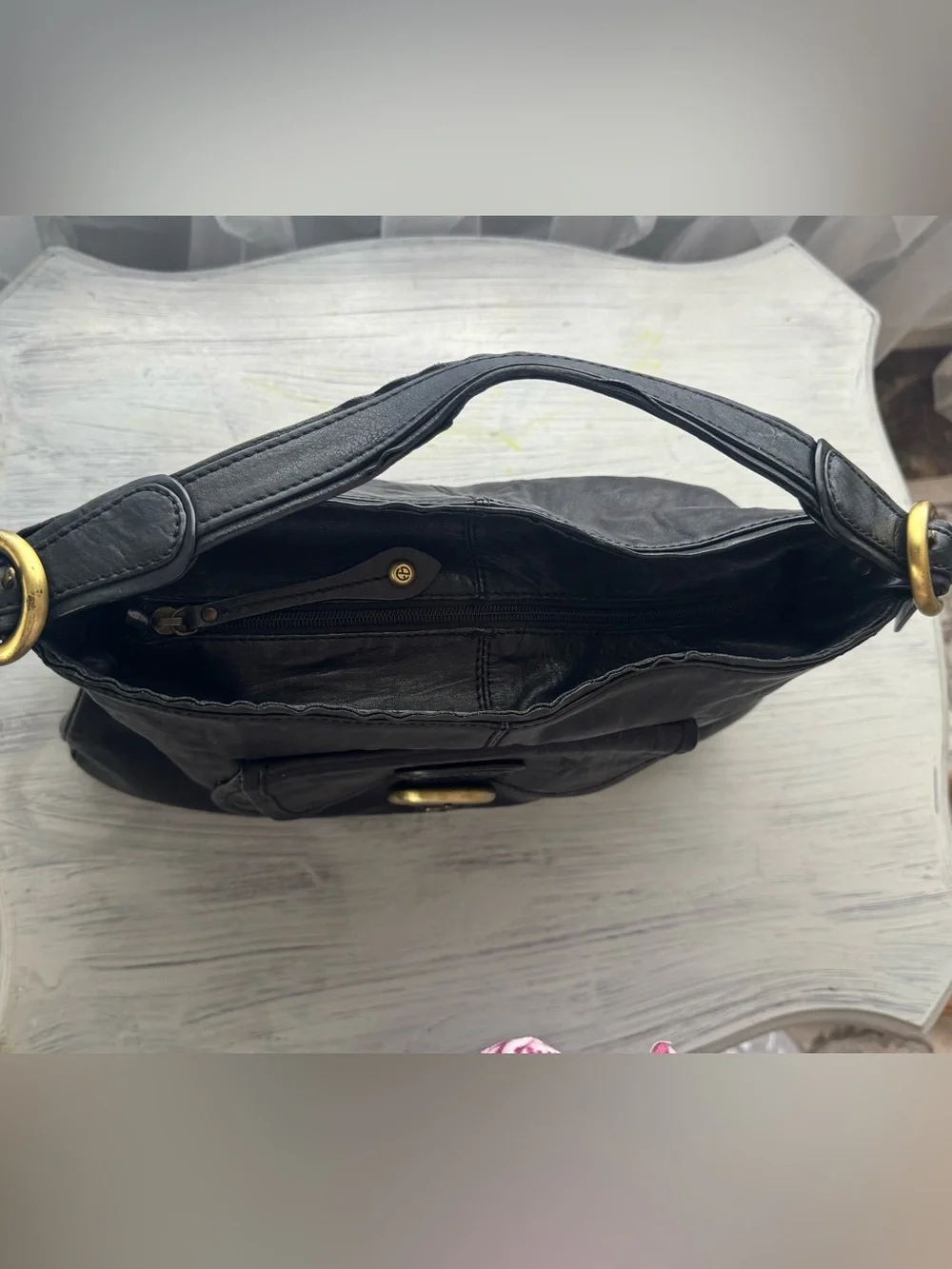 Francesco Biasia Black Leather Hobo Bag Ring Buckle Italian Designer Purse